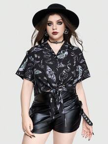 ROMWE Gothic Floral Print Tie Front Loose Cropped Shirt For Women - Multicolor - View 1