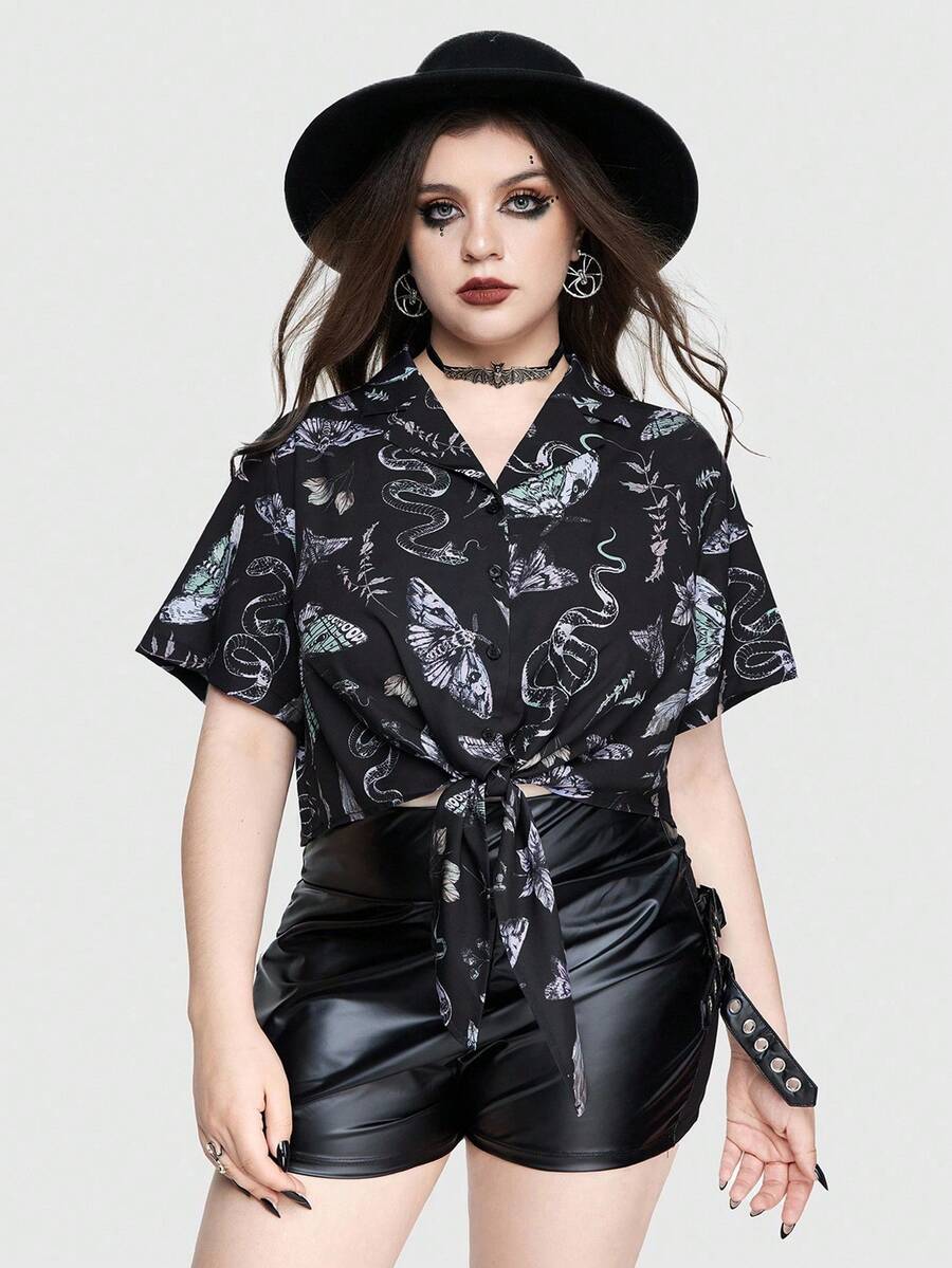 ROMWE Gothic Floral Print Tie Front Loose Cropped Shirt For Women - Multicolor - View 1