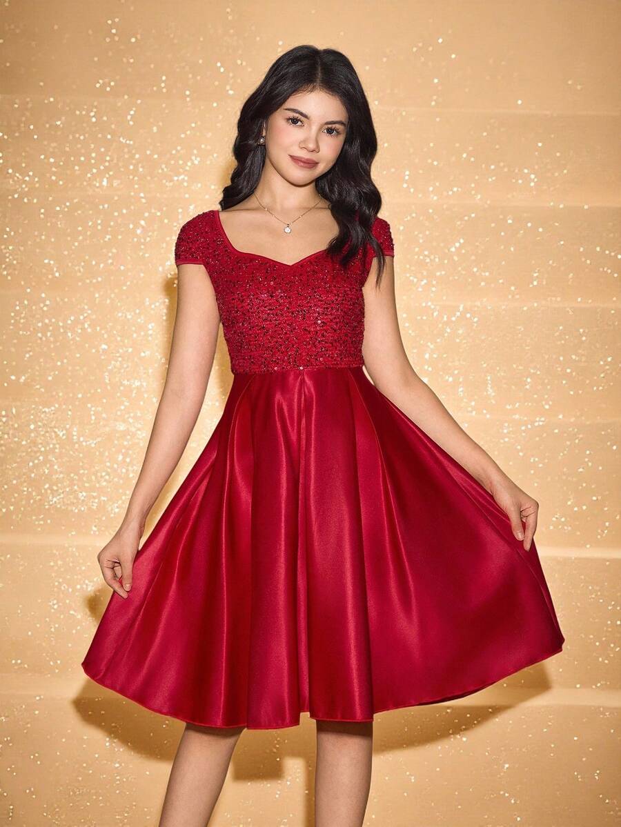 少女无袖亮片拼接束腰优雅万圣节圣诞连衣裙 - 紅色 - 查看 1