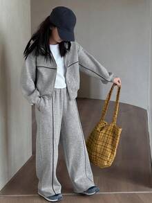 DAZY 两件套少女连帽针织抓绒卫衣裤套装，秋冬季 - 灰色 - 查看 6