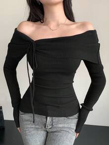 DAZY Women's Lace-Up Off Shoulder Fitted Long Sleeve Elegant Knit Sweater, Autumn/Winter