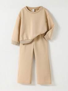 2 件 BASICS 少女休闲百搭舒适宽松圆领长袖运动衫和阔腿针织裤套装 - 杏色 - 查看 1