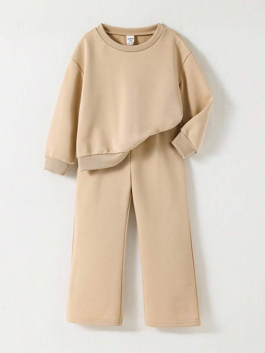 2 件 BASICS 少女休闲百搭舒适宽松圆领长袖运动衫和阔腿针织裤套装 - 杏色 - 查看 1