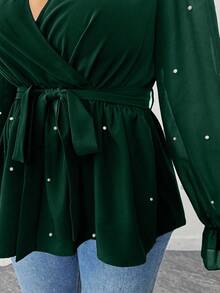 Elenzga 大码女式畅销V领优雅性感修身衬衫，适合通勤和派对，束腰蝴蝶结设计，仿珍珠装饰 - 墨綠色 - 查看 3