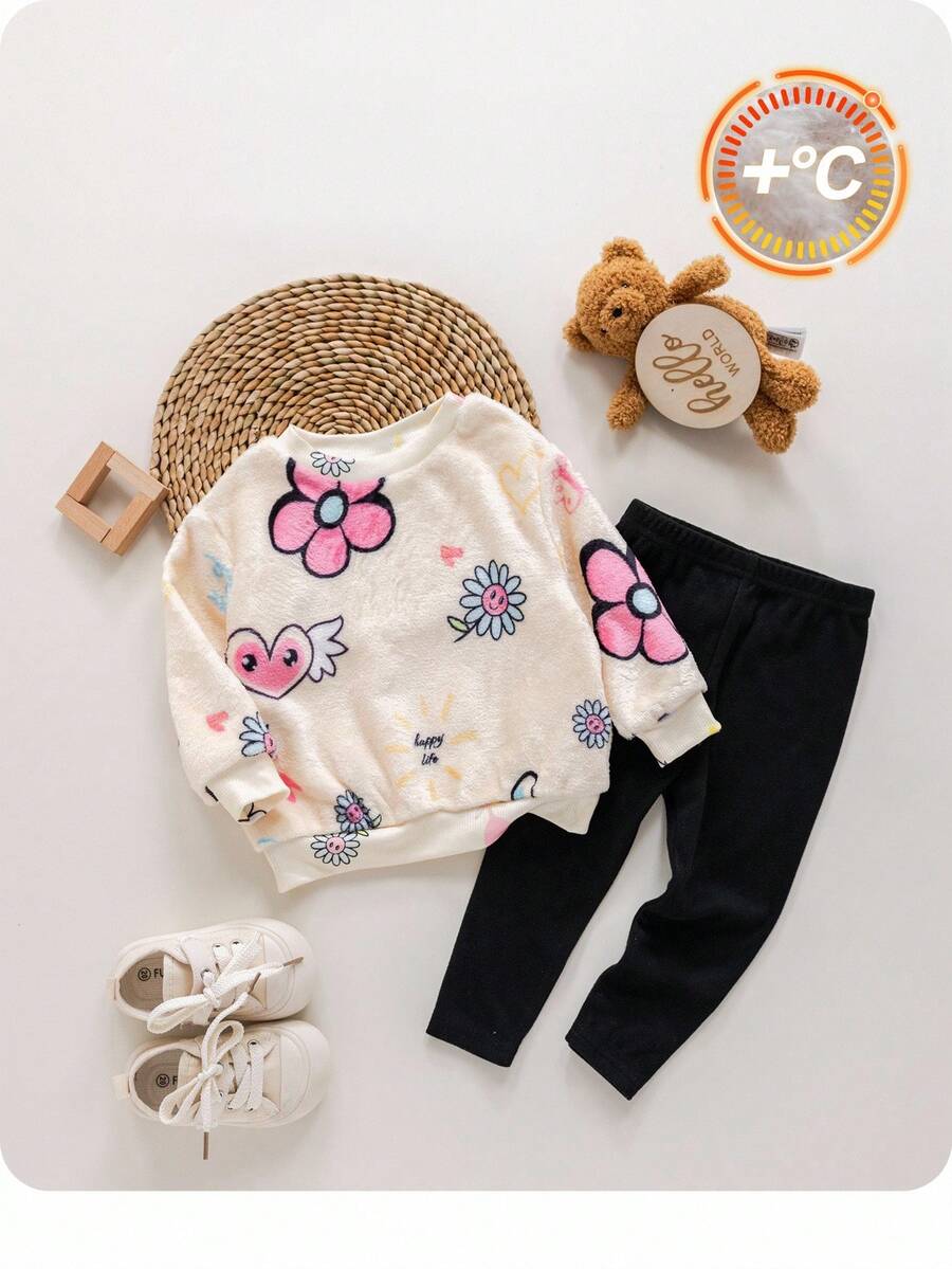 SHEIN 女婴花卉印花长袖卫衣和裤子套装，秋冬 - 杏色 - 查看 1