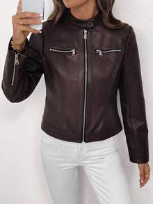 Editum 女式仿皮夹克，女式短款常规夹克，新款秋冬款式，保暖内衬 - 卡其色 - 查看 6