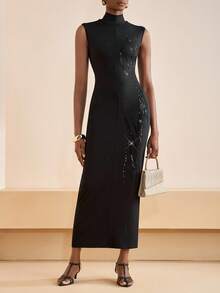 Zivah 2025 年秋季新款音乐节、复活节、圣帕特里克节、西部风、游牧风、生日派对、毕业季、学院风、学生装、日常休闲、基本百搭、休闲、度假、邮轮旅行、海滩、日光浴、病毒式传播、街头服饰、婚礼宾客波西米亚风、通勤、早午餐、机场、派对和节日服装优雅无袖超长紧身连衣裙，黑色闪亮亮片刺绣面料 - 黑色 - 查看 5