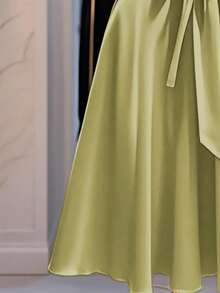 Franclia Women's Elegant Solid Color Waist Cinched Dress - Green - View 4