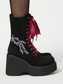 ROMWE Grunge Punk Women's Fashion Solid Color Suede Platform Mid-Calf Boots, Autumn/Winter Punk Gothic Style White Embroidery Pattern Lace-Up Side Zipper Round Toe Elastic Comfortable High Heel Knight Boots - Black - View 4