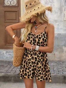 SHEIN VCAY Leopard Print Spaghetti Strap Backless Wide-Leg Jumpsuit, Vacation - Multicolor - View 7