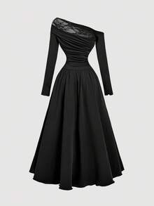 SHEIN MOD Black Lace Patchwork Off-Shoulder Dress For Women - Black - View 2