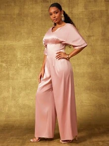 Vixey Tuta ampia con scollo a V, spalle cadenti, in raso elasticizzato, vita stretta e gamba larga - Rosa - Visualizzare 4