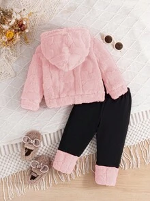 SHEIN Playful Pals Baby Girl Winter Casual Everyday Commute Cute Textured Fleece Hoodie And Pants Set Fall - Pink - View 2