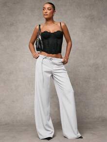SHEIN BAE Quần ống rộng ống rộng màu xám trơn, thường ngày, đi làm, giải trí, thường ngày, quần ống rộng có dây rút trang trí eo - trắng - Xem 4