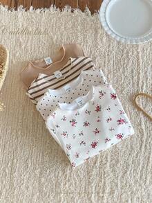 4件套女童波点、花卉、罗纹印花杏色底衫搭配卡其色纯色罗纹针织领口荷叶边下摆长袖内衣套装，可爱时尚，秋冬季可内搭或外穿。