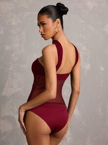 SHEIN BAE 女士纯黑色无肩带透视性感连体衣，适合音乐节、演唱会、派对、度假、日常穿着、庆祝活动、街头活动、节日装扮 - 酒紅色 - 查看 2