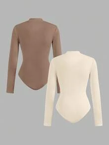 SHEIN EZwear 2 piezas Conjunto de body ajustado con cuello alto y cremallera para mujer talla grande, color marrón y albaricoque - Multicolor - Ver 2