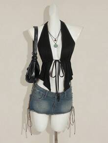 SHEIN ICON Y2K 休闲哥特风黑色性感纯色露背系带无袖上衣 - 黑色 - 查看 4