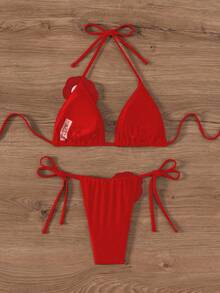 Swim Mod 2025 Women Summer Beach Solid Color 3D Floral Decor Halter Tie Sexy Bikini Swimsuit Set - Red - View 2