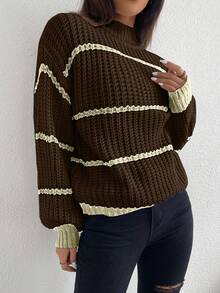 Celisse Striped Pattern Casual Versatile Stand Collar Long Sleeve Pullover Sweater - Coffee Brown - View 6