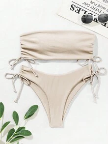Swim Basics Summer Beach Ribbed Bikini Set Drawstring Side Bandeau Top & Tie Side Bottom 2 Piece Bathing Suit - Apricot - View 1
