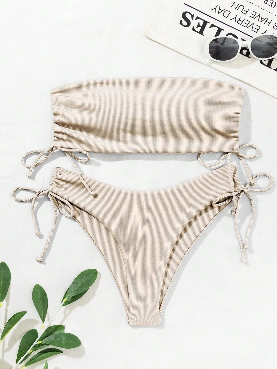 Swim Basics Summer Beach Ribbed Bikini Set Drawstring Side Bandeau Top & Tie Side Bottom 2 Piece Bathing Suit - Apricot - View 1