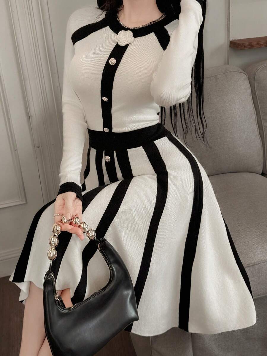 Feyla 女式优雅 3D 花卉装饰圆领插肩袖针织连衣裙，秋季 - 杏色 - 查看 1