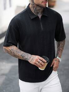 Manfinity Homme Textured Knit Polo Short Sleeve Men's Loose Fit Half Sleeve Collared Minimalist T-Shirt Textured Polo Shirt - Black - View 4