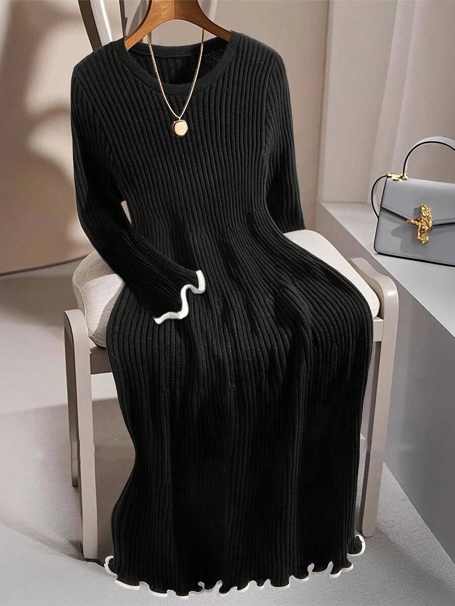 SHEIN Elenzya 1 件女士加大码圆领长袖喇叭褶边下摆优雅俏皮毛衣裙，适合派对、舞会、秋冬季 - 黑色 - 查看 1