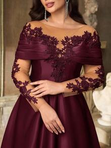 Aureia Plus Size Elegant Luxurious Embroidered Lace Applique Sheer Long Sleeve Off Shoulder Stretch Satin Maxi A-Line Dress, Suitable For Weddings, Parties, Vacations, Balls, Evening Gowns (Heavy Embellishment), Valentine's Day - Burgundy - View 7