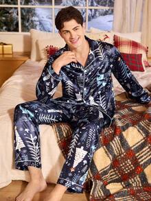 Manfinity CoupledUp Valentinstag Paar Passende Lustige Weihnachten Faux Seide Pyjama Hemd & Hose Set für Herren, Herbst Winter Kleidung Passende Paar Pyjama Set