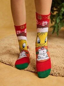 LOONEY TUNES X SHEIN Soft & Breathable Moisture-Wicking Mid-Calf Socks Fashionable Festival Red Crew Reinforced Toe & Heel For Durability Unisex Christmas Winter,Gift - Multicolor - View 6