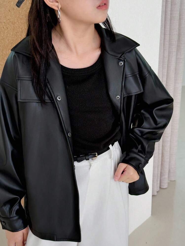 Tween Girl Solid Color Button Front Casual Long Sleeve Jacket