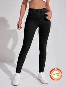 SHEIN SXY 女式高腰口袋紧身休闲百搭牛仔裤 - 黑色 - 查看 4