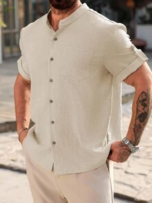 Manfinity Homme Camisa casual de manga corta de un solo pecho con unicolor talla grande para hombres - Albaricoque - Ver 6