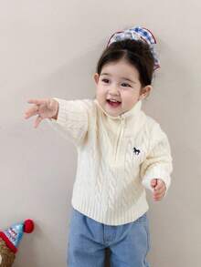 DAZY 女婴卡通刺绣韩版毛衣，秋冬季幼儿女童服装 - 米色 - 查看 3