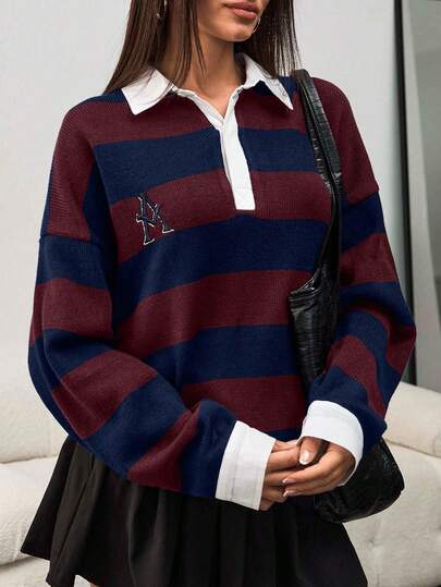 EURMUSE Felpa da donna in maglia a righe con colletto tipo polo, in acrilico, comoda e casual, con dettaglio della lettera "A" - Bordeaux e Navy