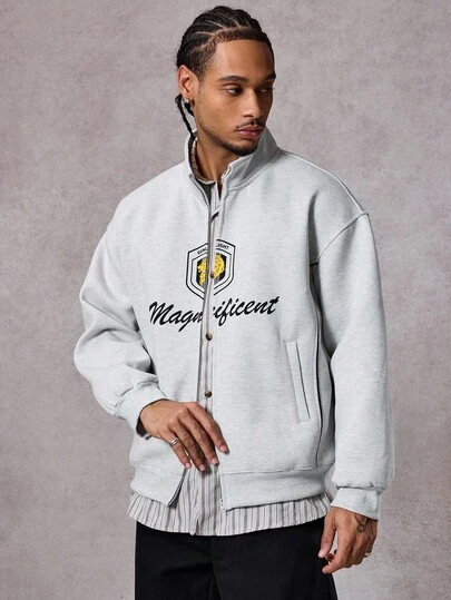 Men's Thermal Lined Short Stand Collar Graphic Letter Print Sweatshirt Sweatshirt, Autumn/Winter
