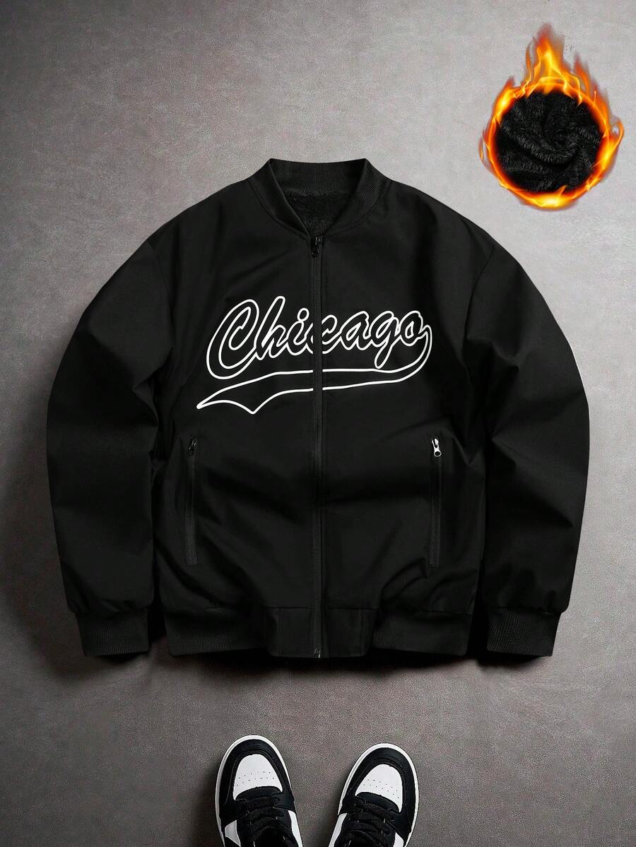Manfinity EMRG Áo khoác bomber lót nhiệt in họa tiết Chicago dành cho nam, Thu Đông, Quà tặng hoàn hảo cho bạn trai và chồng trong ngày lễ - màu đen - Xem 1