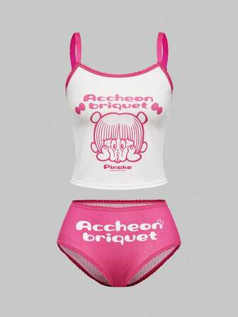 Black Jack X ROMWE Süßer Cartoon- und Buchstaben-Grafik Ringer Wireless BH & Slip Set für Frauen