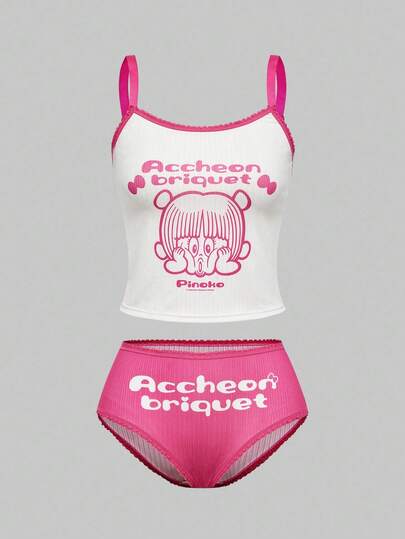 Black Jack X ROMWE Cute Cartoon And Letter Graphic Ringer Wireless Bra & Briefs Set For Women