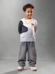 Winter Kids Knitted Color Block Jumper With Small Logo Casual Pullover Long Sleeve Ribbed Trim Cozy Autumn Sweater Fall - Multicolor - View 1