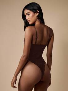 MISSGUIDED Luxury Seamless Bodysuit Lingerie With Floral Lace Trim High Cut One Piece Shapewear Thong Back Bodysuit Adjustable Straps Evening Wear - Brown - View 2