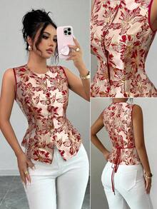 Elenzga Front Open Gold Jacquard Women's Summer Shirt Vest, Slimming Waist Blouse And Shirt, French Elegant Textured Floral Sleeveless Shirt - Red - View 7