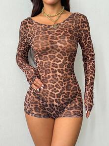 SHEIN PETITE Sexy Vintage Leopard Print Mesh Bodysuit, Women Long Sleeve Sheer Tight-Fitting Jumpsuit Cheetah Print - Brown - View 8