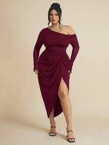 SHEIN BAE Plus Size Women Ruched Mesh Long Sleeve Semi-Sheer Dress - Burgundy - View 5