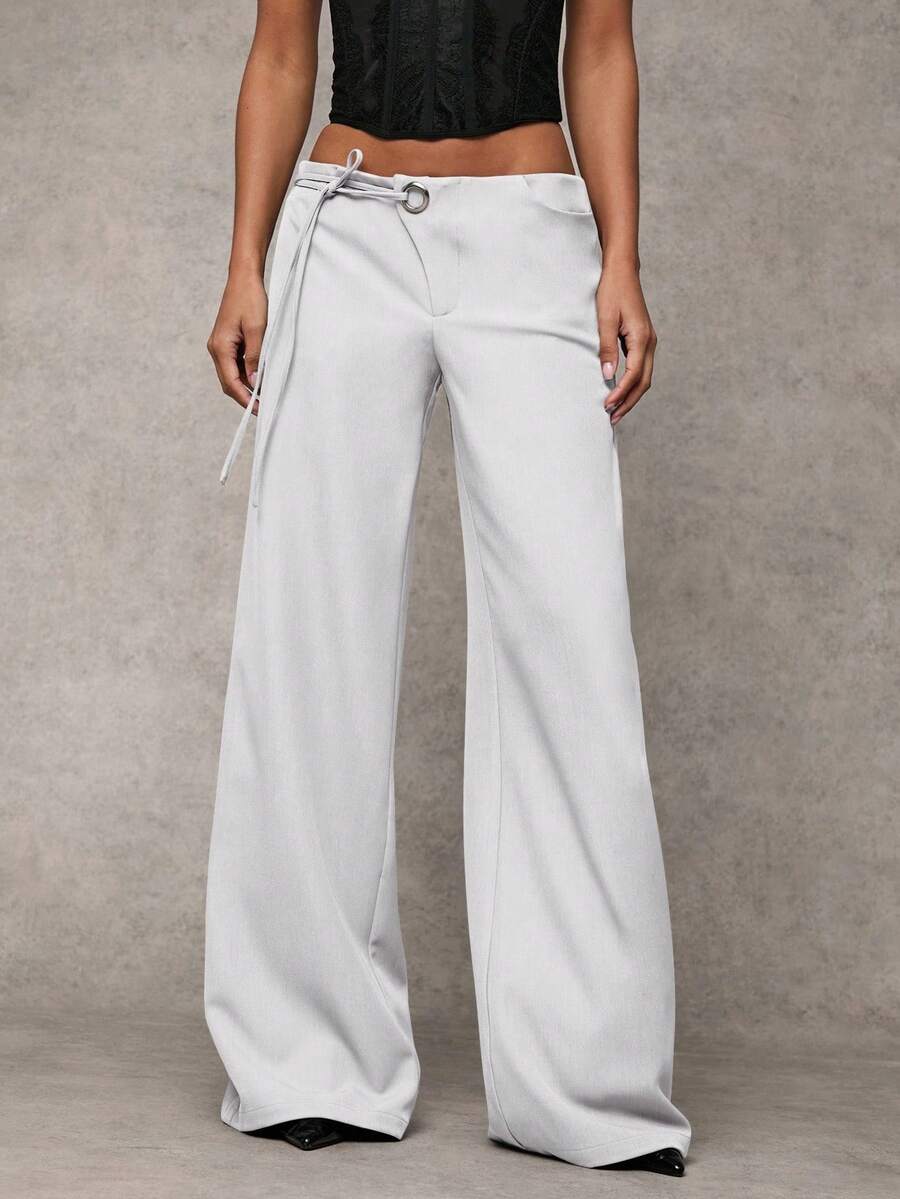 SHEIN BAE Quần ống rộng ống rộng màu xám trơn, thường ngày, đi làm, giải trí, thường ngày, quần ống rộng có dây rút trang trí eo - trắng - Xem 1