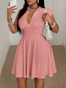 Maweii Plus Size V-Neck Ruched Waist Short Sleeve Dress - Dusty Pink - View 2