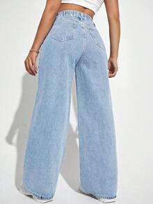 SHEIN ICON Plus Size Solid Color Pocket Design Casual Fashion Denim Pants - Blue - View 2