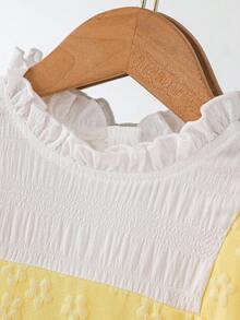 SHEIN Elladie kids 年轻女孩'花卉纹理田园风泡泡袖蝴蝶结装饰黄色连衣裙，秋季 - 黃色 - 查看 5